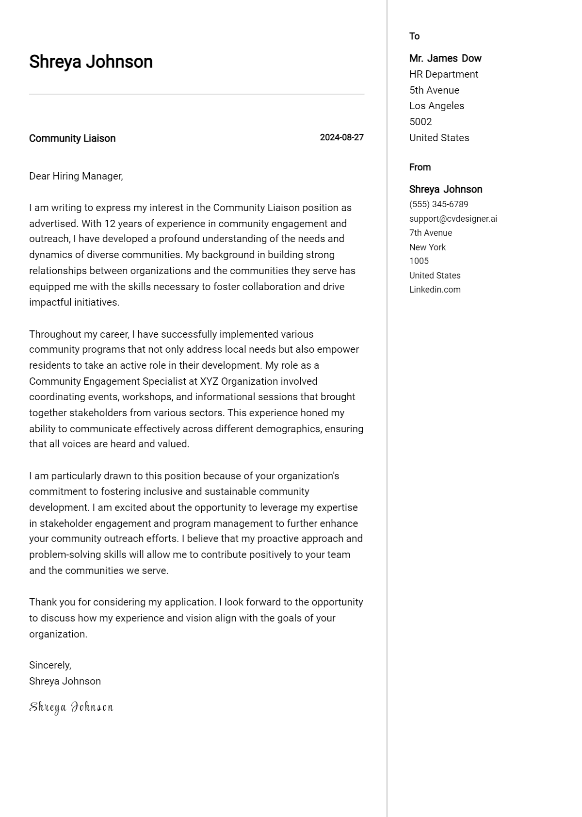 Community Liaison Cover Letter Example for 2026: Tips & Templates Preview