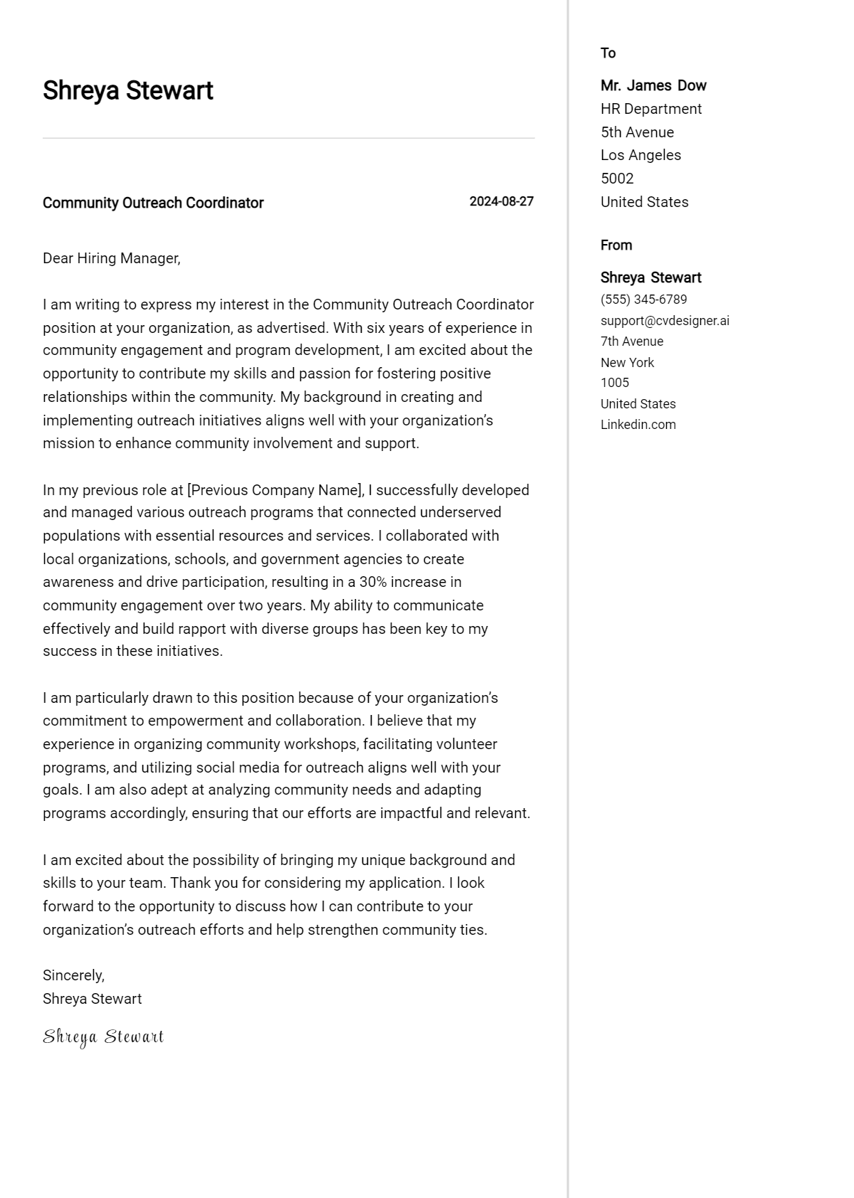 Community Outreach Coordinator Cover Letter Samples & Examples 2026 Preview