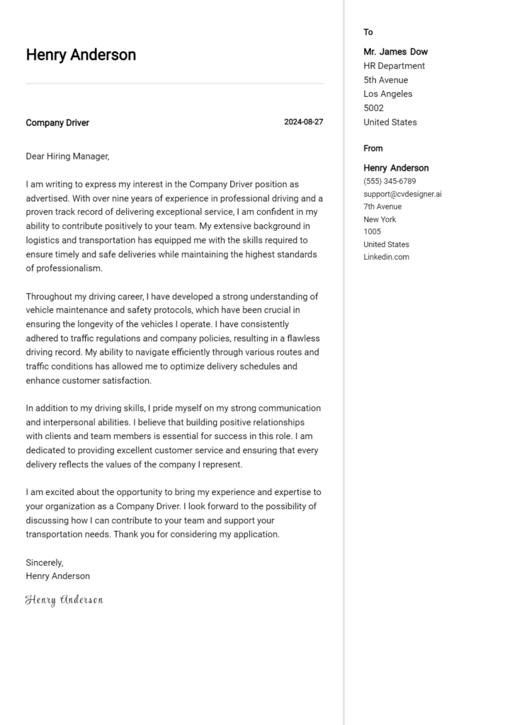 company driver cover letter example