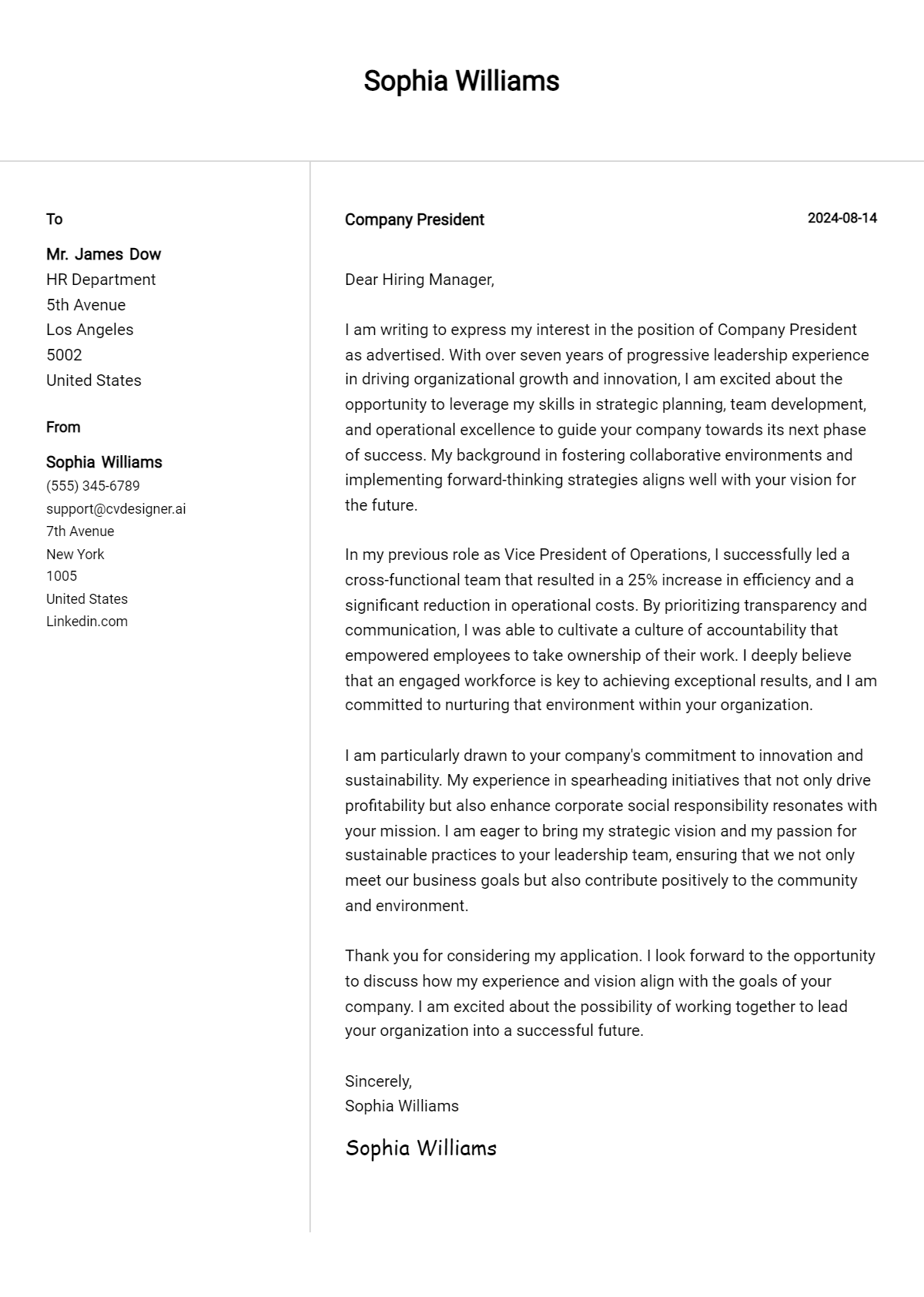 Company President Cover Letter Example for 2026: Free Templates Preview
