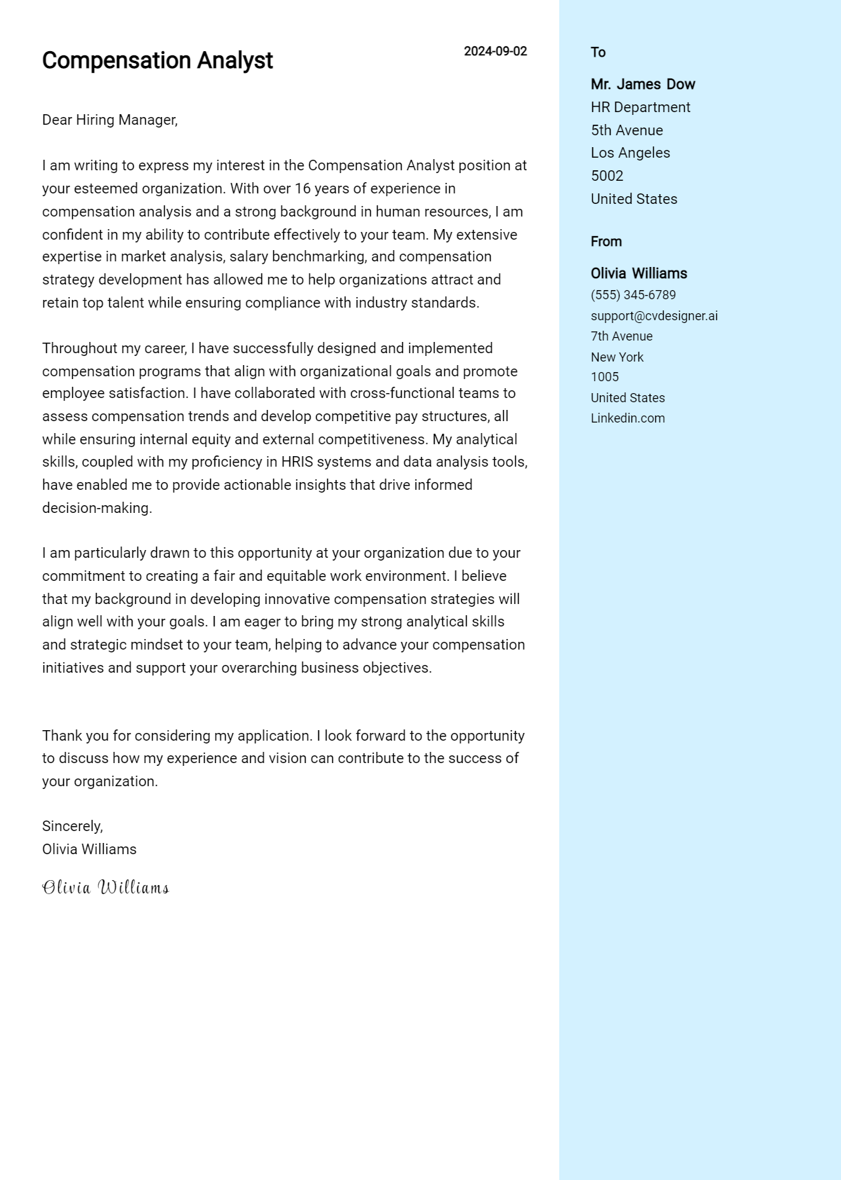 Compensation Analyst Cover Letter Example for 2026: Top CV Skills Preview