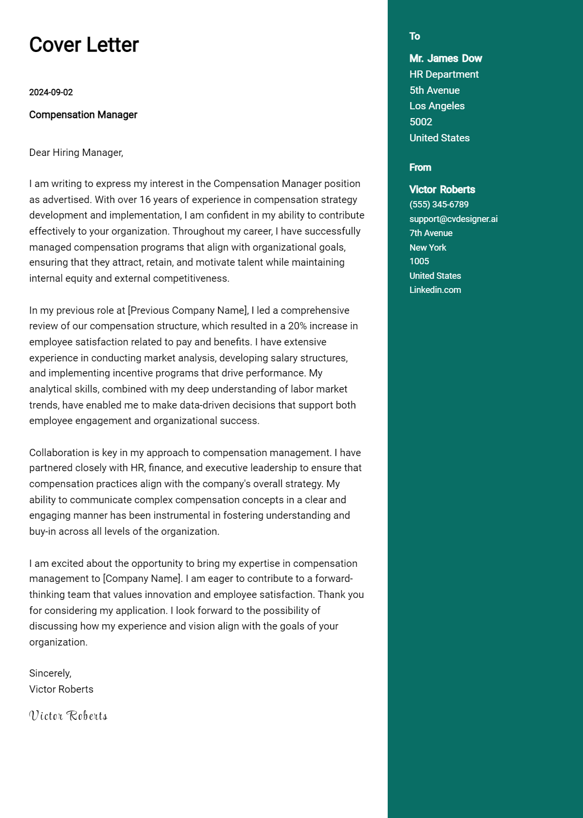 Compensation Manager Cover Letter Example for 2026 (Free Templates) Preview