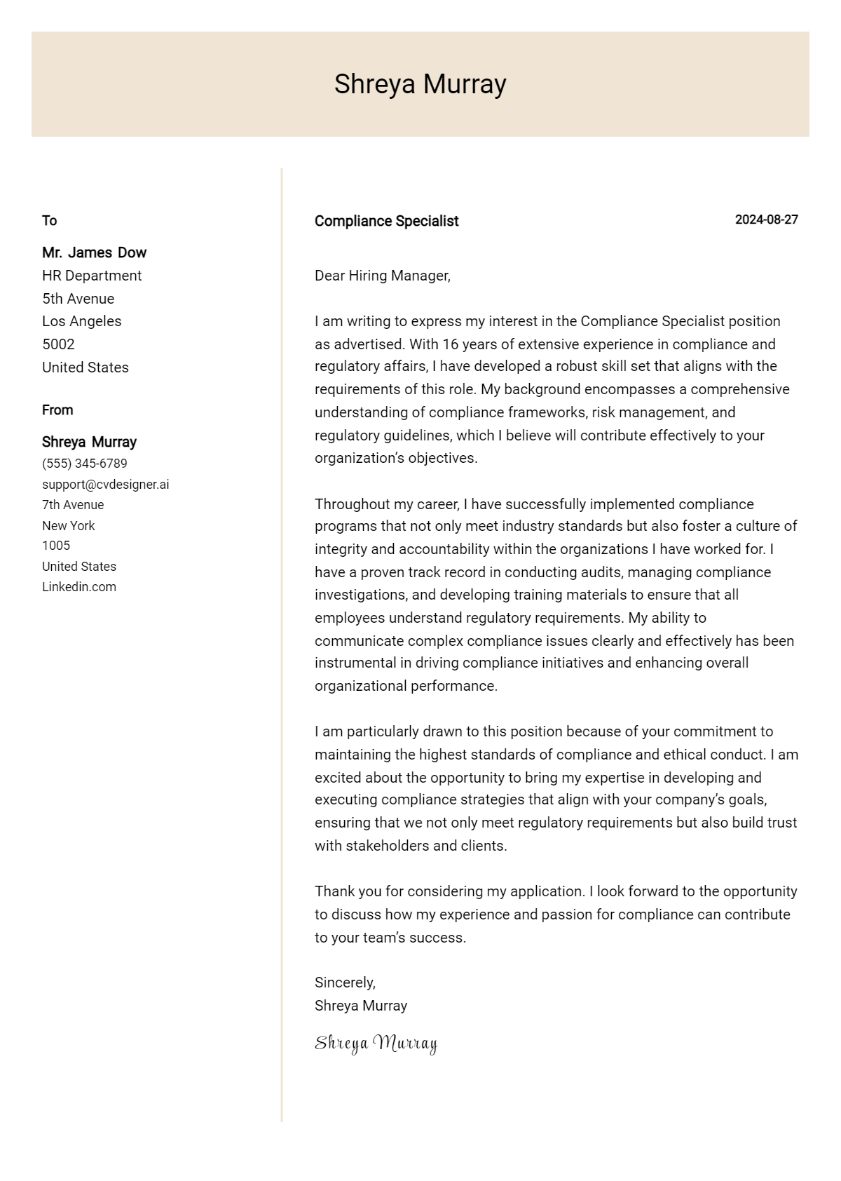 Compliance Specialist Cover Letter Example for 2026: Proven Tips Preview