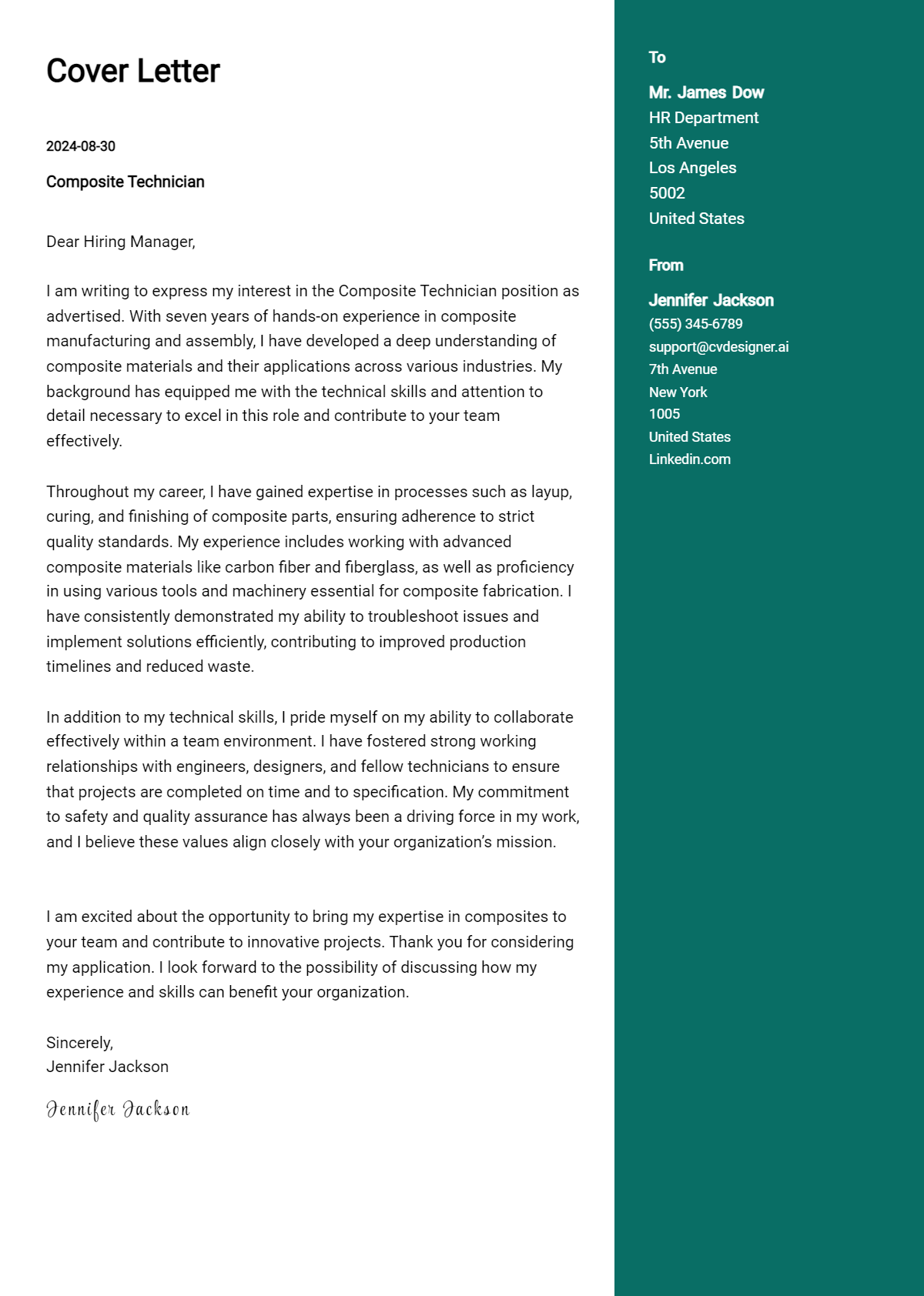 Composite Technician Cover Letter Examples for 2026 (Downloadable) Preview