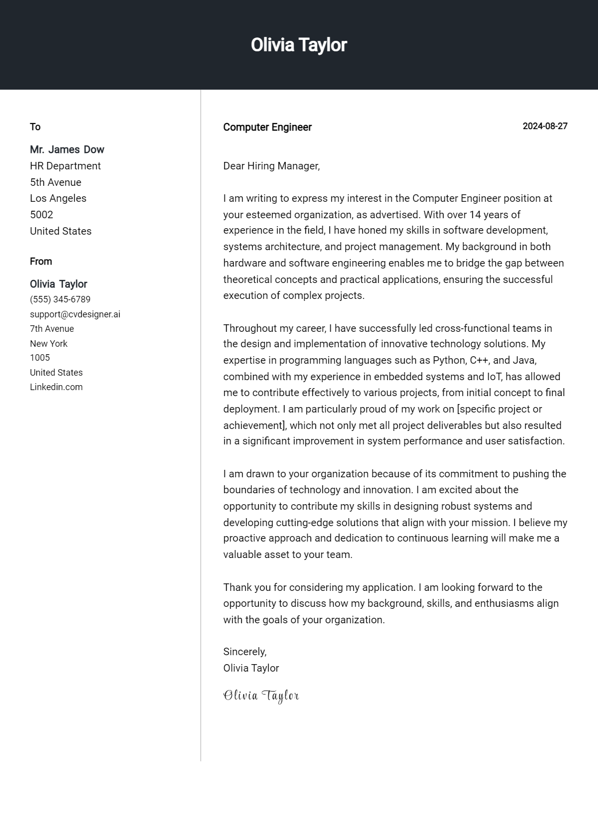Computer Engineer Cover Letter Example for 2026: Top CV Skills Preview
