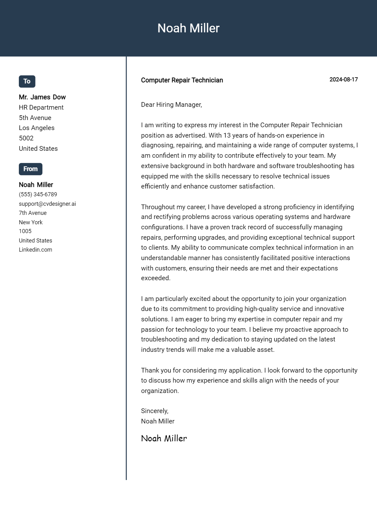 Computer Repair Technician Cover Letter Example for 2026 (Writing Guide) Preview