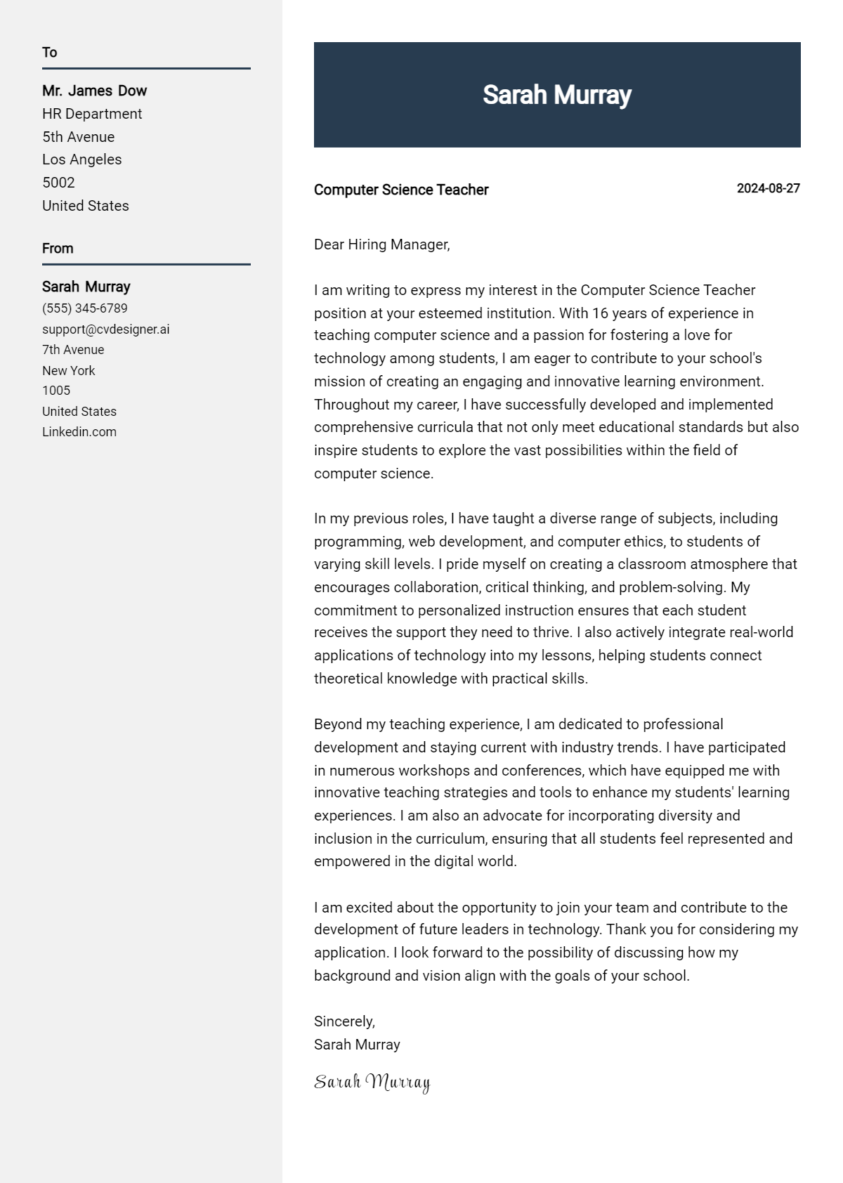 Computer Science Teacher Cover Letter Examples with Writing Tips for 2026 Preview