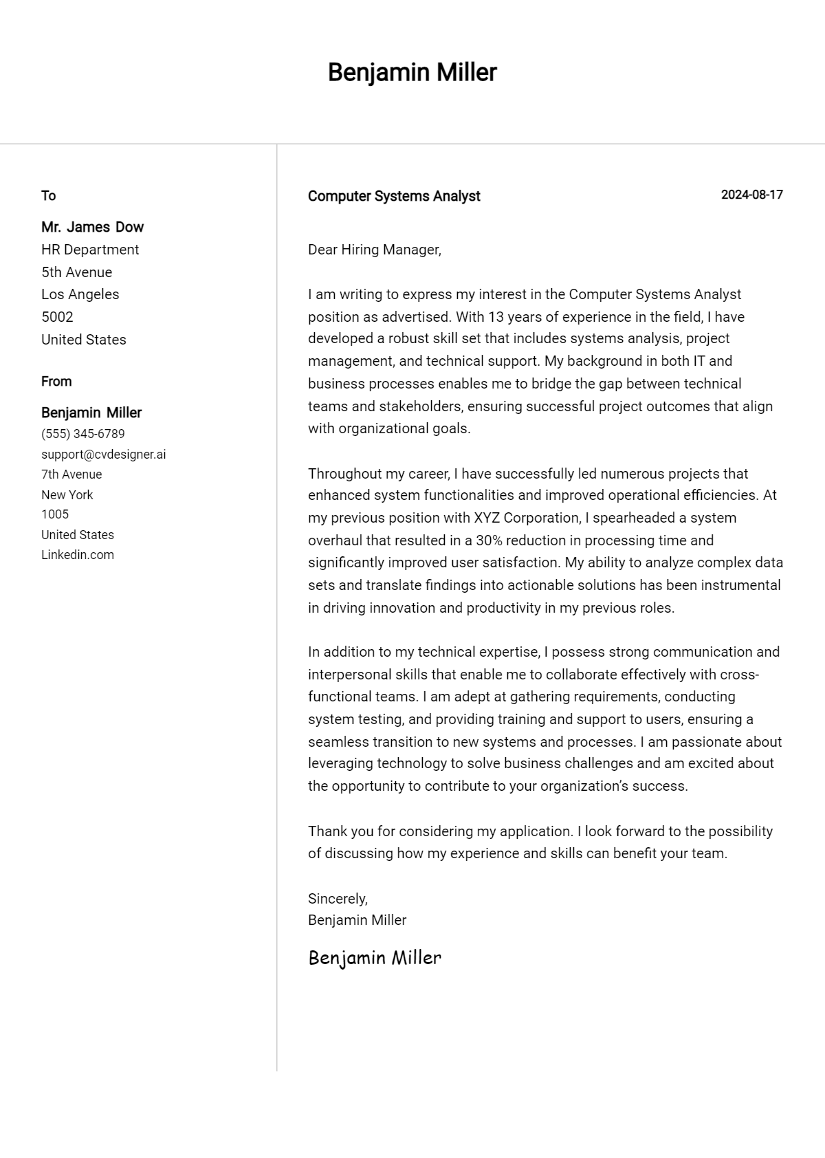 Computer Systems Analyst Cover Letter Example for 2026: Tips & Templates Preview