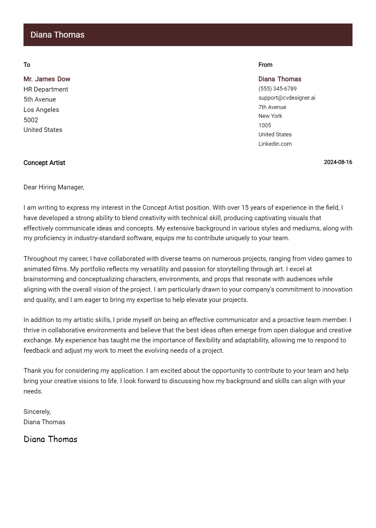 Concept Artist Cover Letter Example for 2026 (Download Templates) Preview