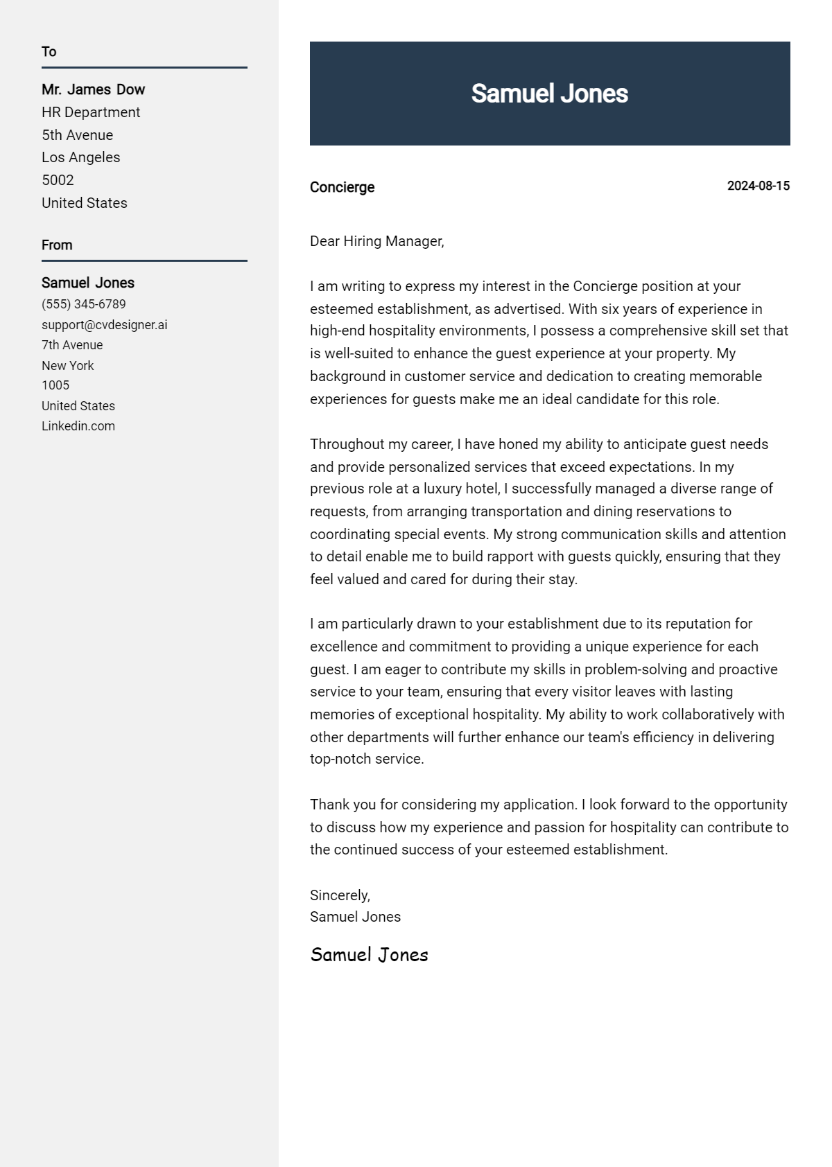 Concierge Cover Letter Examples and Templates for 2026 Preview