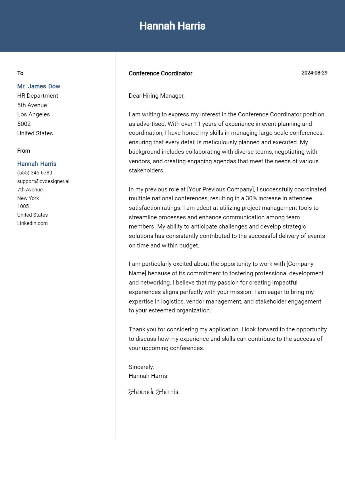 Conference Coordinator Cover Letter Examples & Samples for 2026 Preview