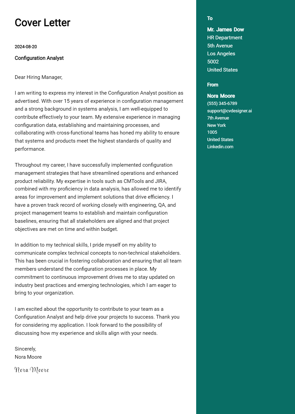Configuration Analyst Cover Letter Examples for 2026 (Downloadable) Preview