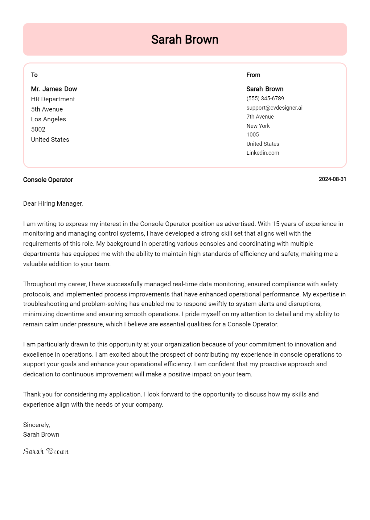 Console Operator Cover Letter Examples & Samples for 2026 Preview