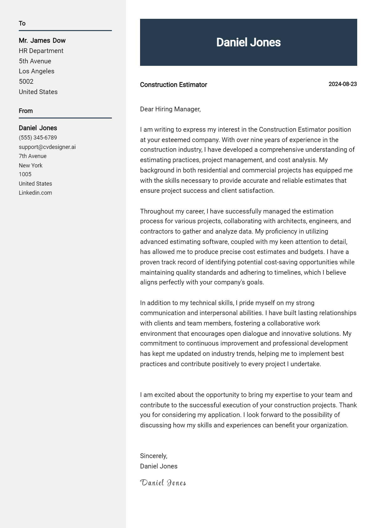 Construction Estimator Cover Letter Examples for 2026 (Downloadable) Preview