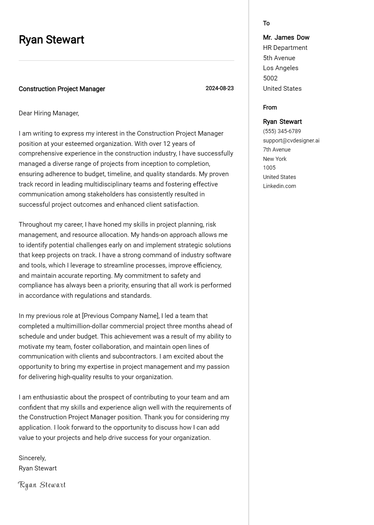 Construction Project Manager Cover Letter Example for 2026: Top CV Skills Preview