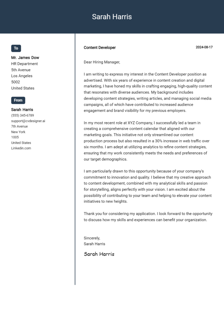 content developer cover letter example