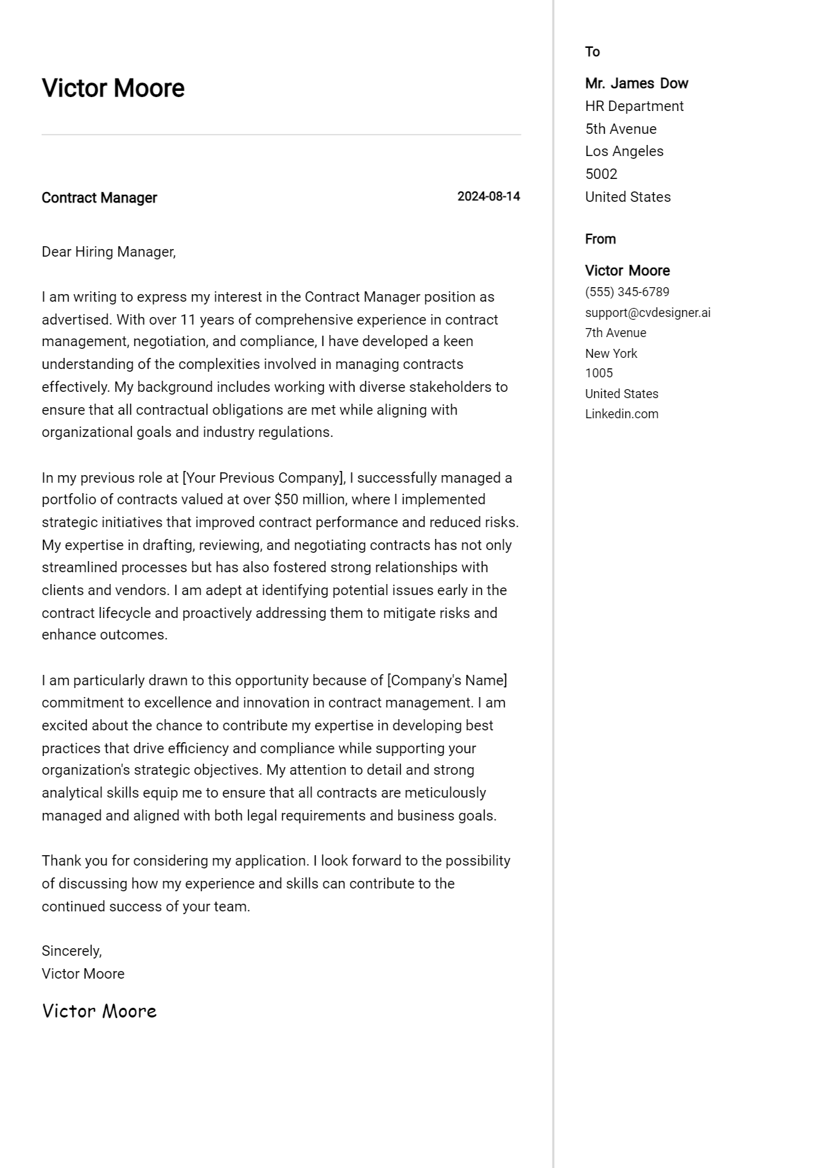 Contract Manager Cover Letter Examples for 2026 (Downloadable) Preview