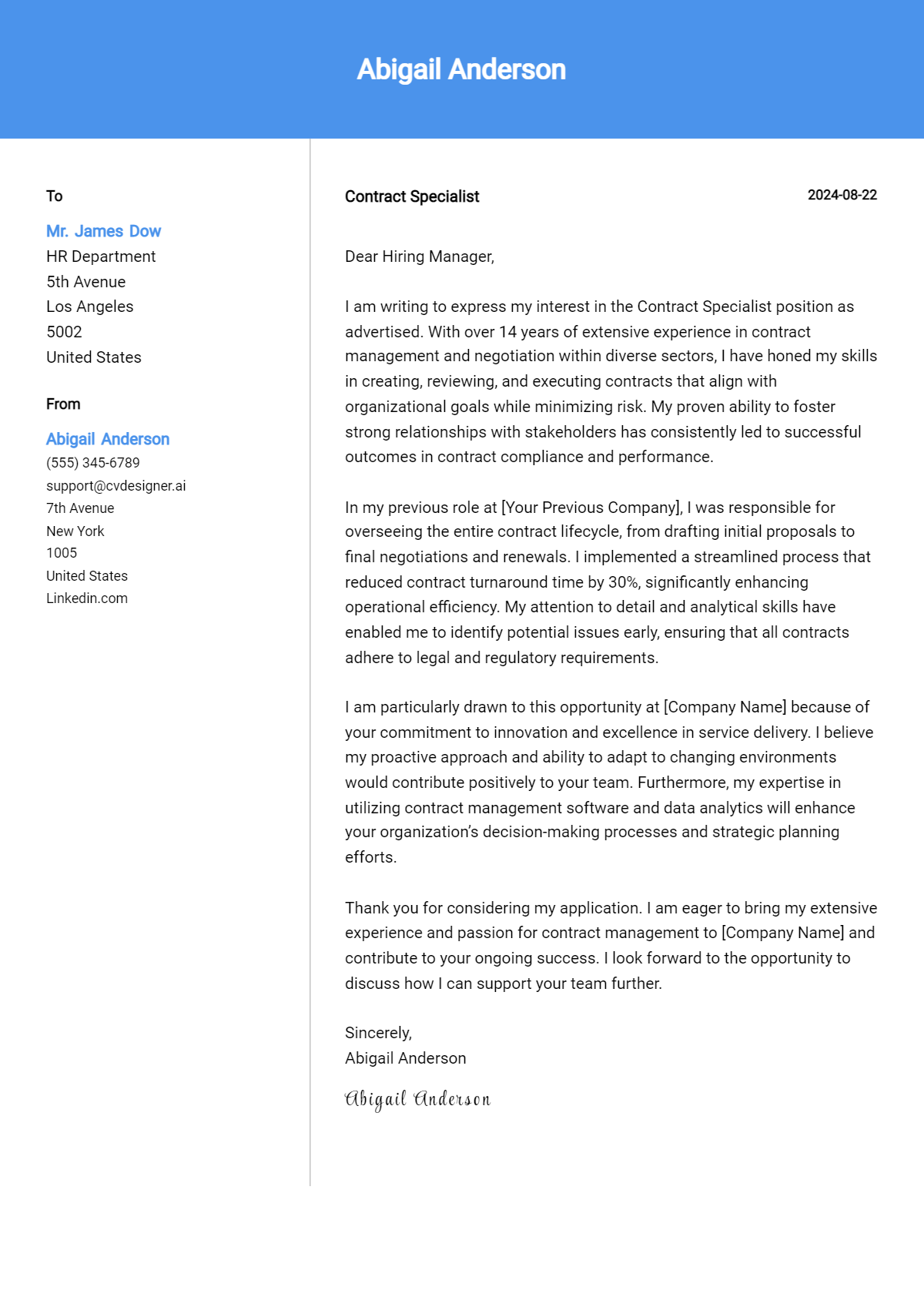 Contract Specialist Cover Letter Examples and Templates for 2026 Preview