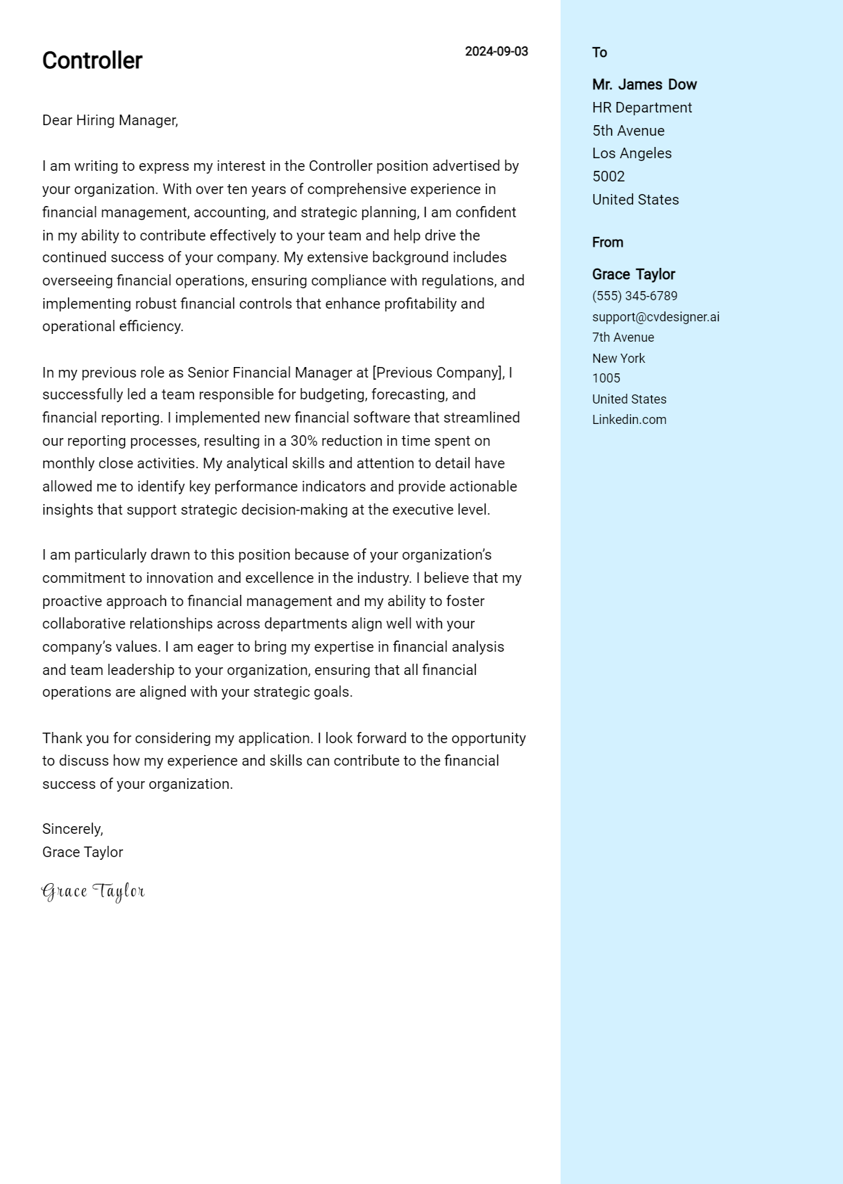 Controller Cover Letter Example for 2026 (Complete Writing Guide) Preview