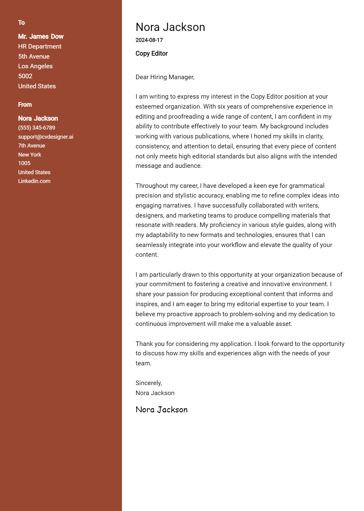Copy Editor Cover Letter Example for 2026 (Download Templates) Preview
