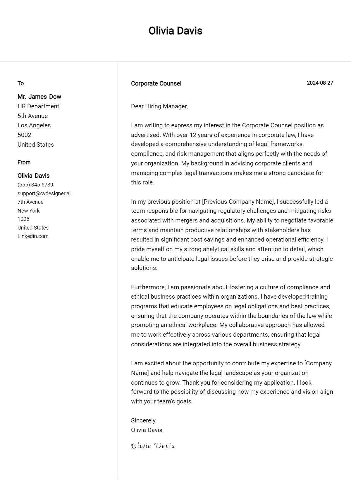 Corporate Counsel Cover Letter Samples & Examples 2026 Preview