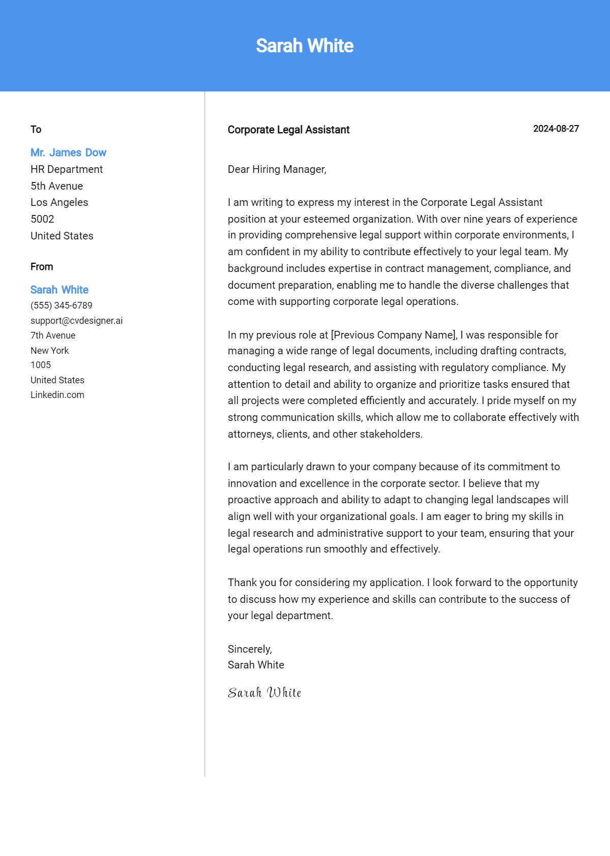 Corporate Legal Assistant Cover Letter Example for 2026: Expert Tips & Templates Preview