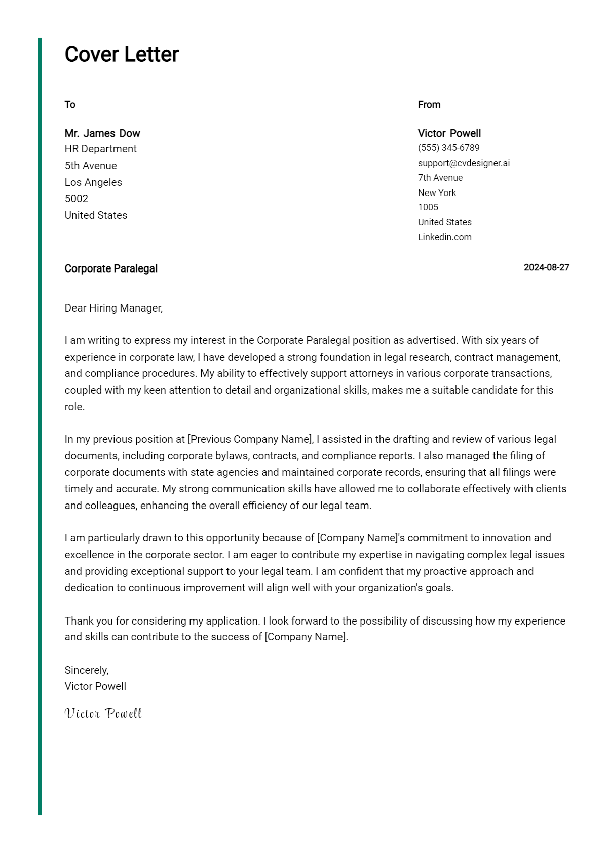 Corporate Paralegal Cover Letter Example for 2026 (Free Templates) Preview