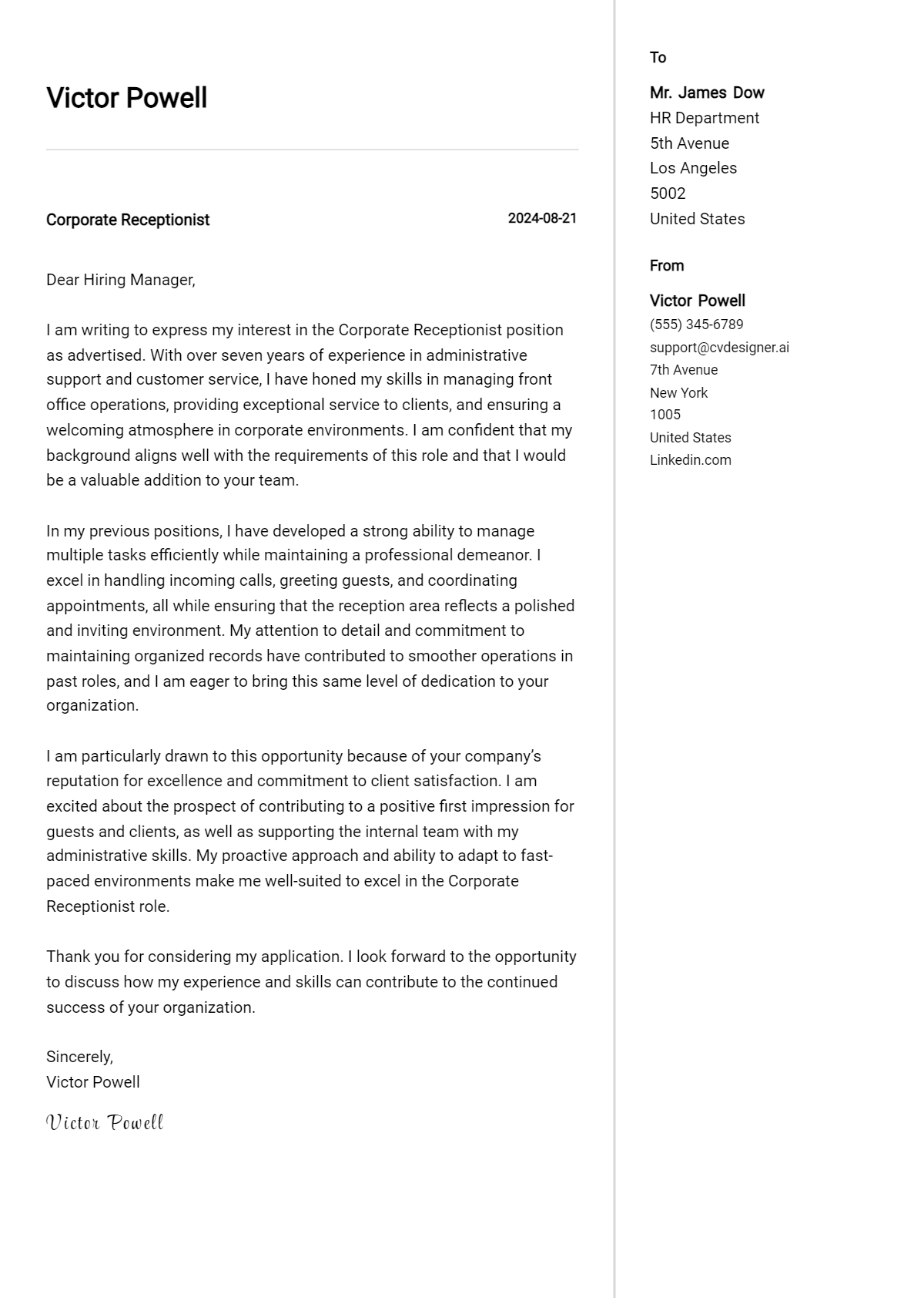 Corporate Receptionist Cover Letter Examples for 2026 (Downloadable) Preview