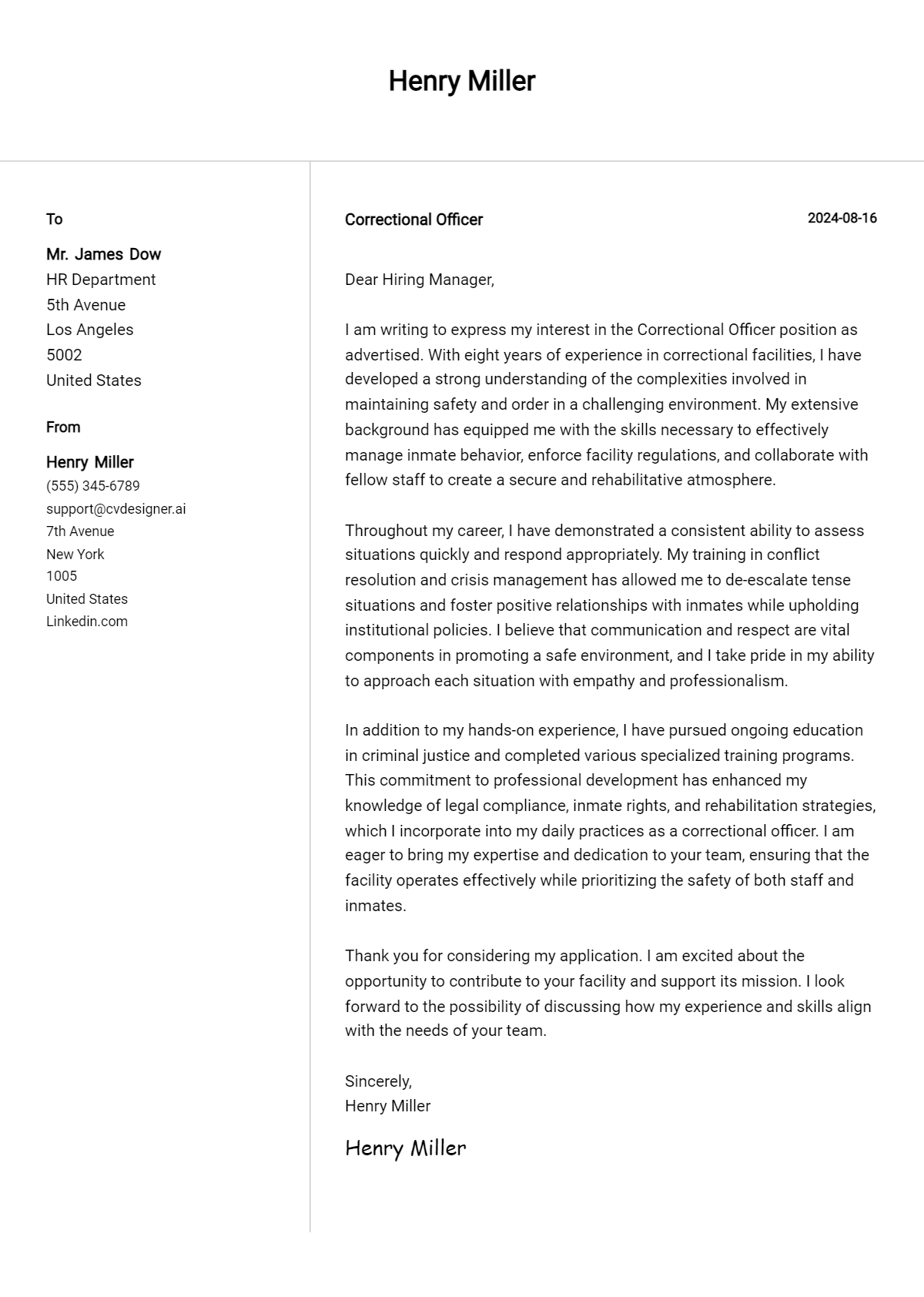 Correctional Officer Cover Letter Example for 2026 (Free Templates) Preview