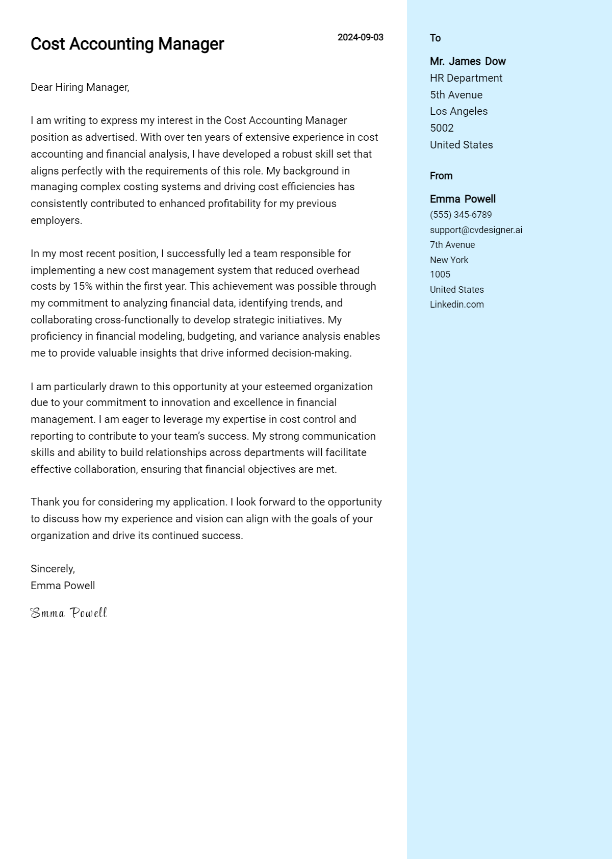 Cost Accounting Manager Cover Letter Example for 2026 (Free Templates) Preview