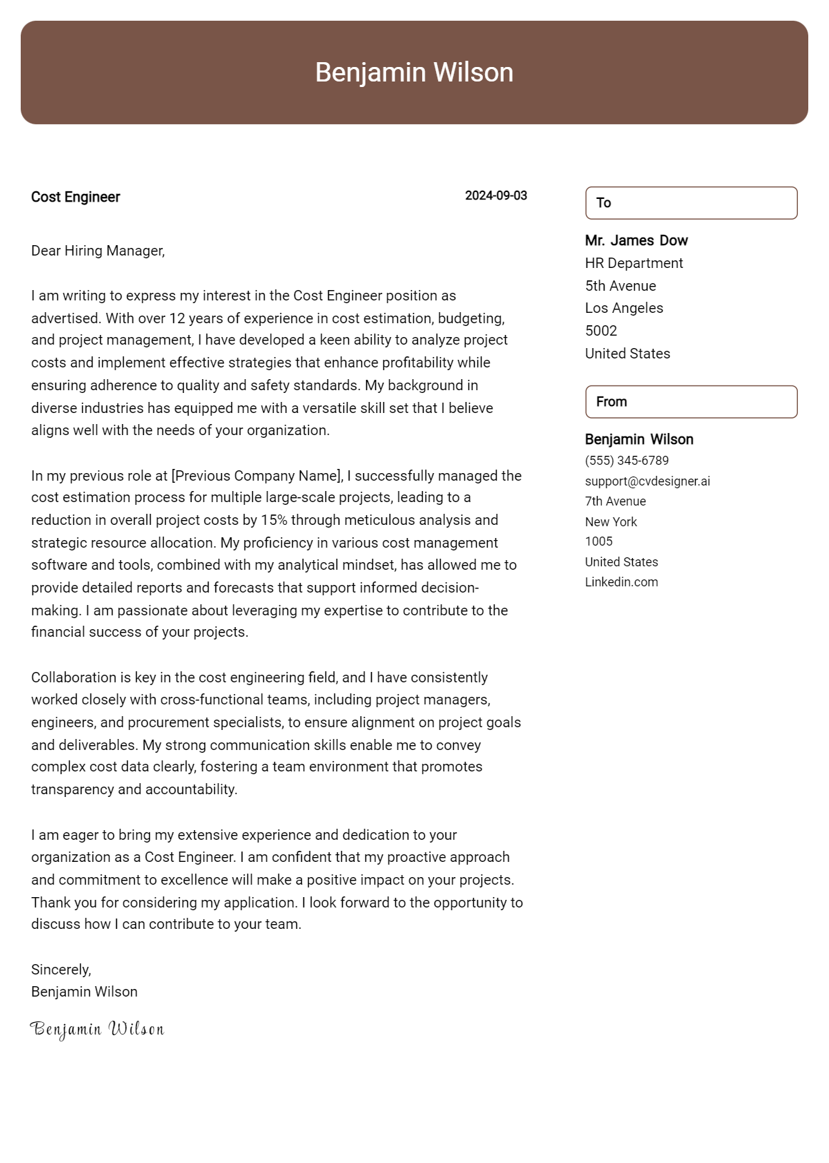 Cost Engineer Cover Letter Example for 2026 (Free Templates) Preview