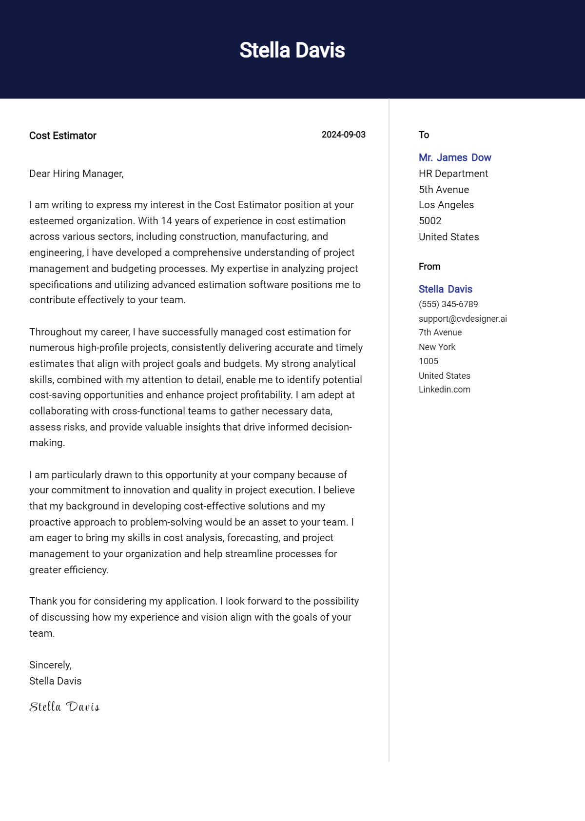 Cost Estimator Cover Letter Examples & Samples for 2026 Preview