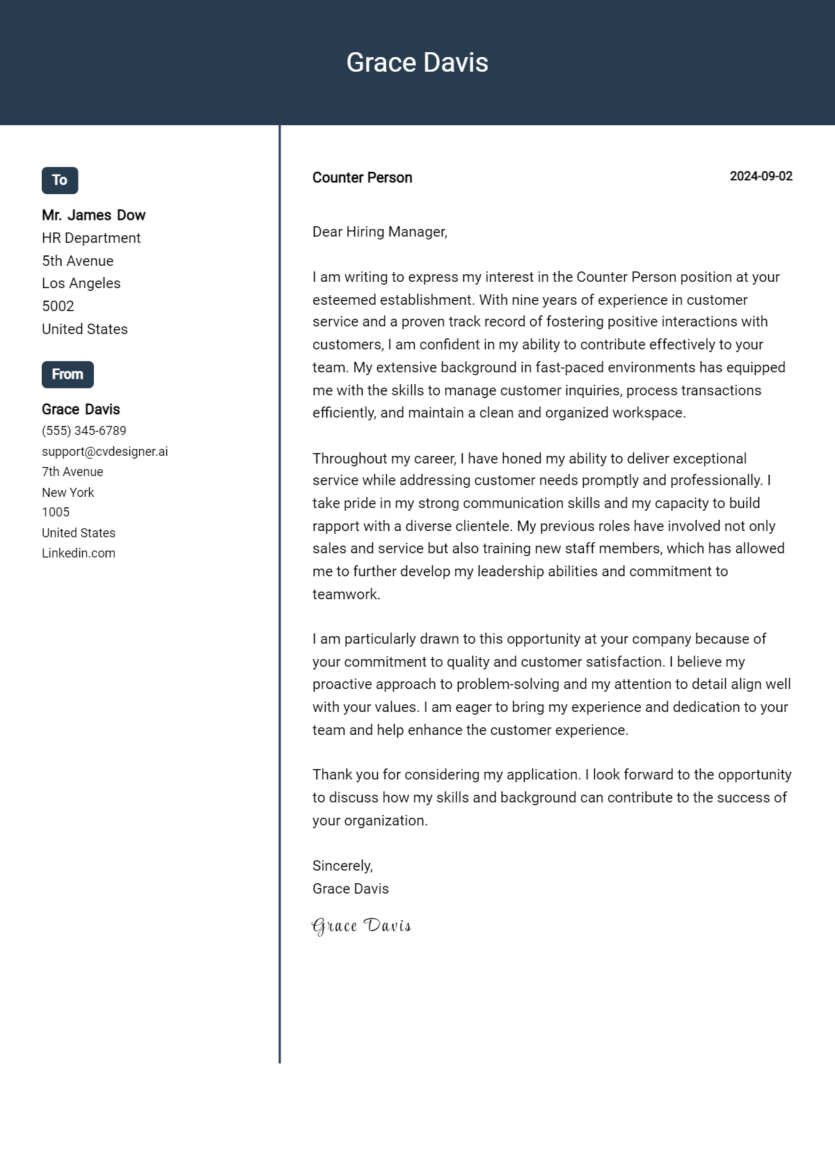 Counter Person Cover Letter Example for 2026: Top CV Skills Preview