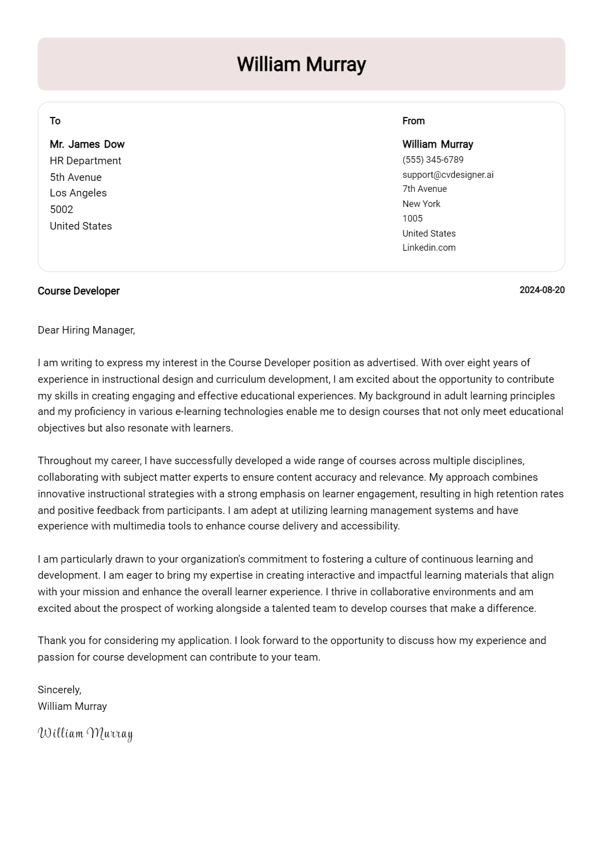 Course Developer Cover Letter Examples for 2026 (Downloadable) Preview
