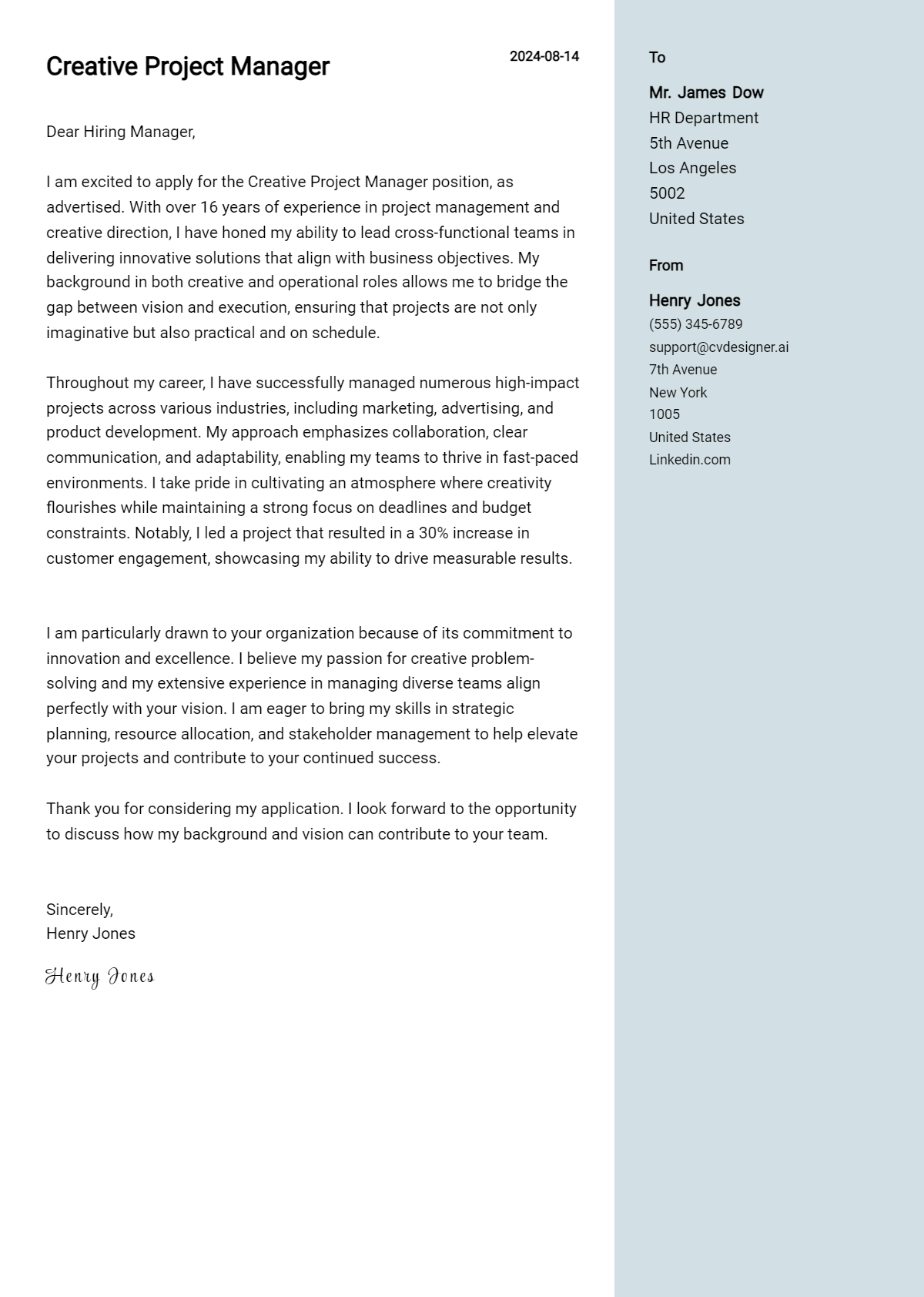 Creative Project Manager Cover Letter Example for 2026 (Free Templates) Preview