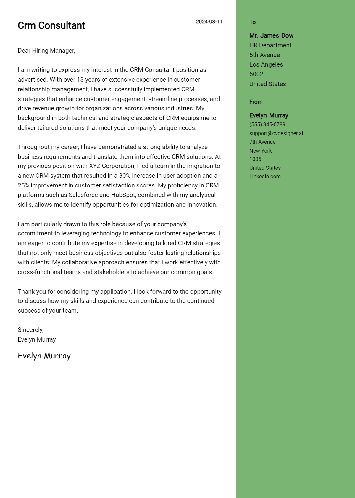 Crm Consultant Cover Letter Examples with Writing Tips for 2026 Preview