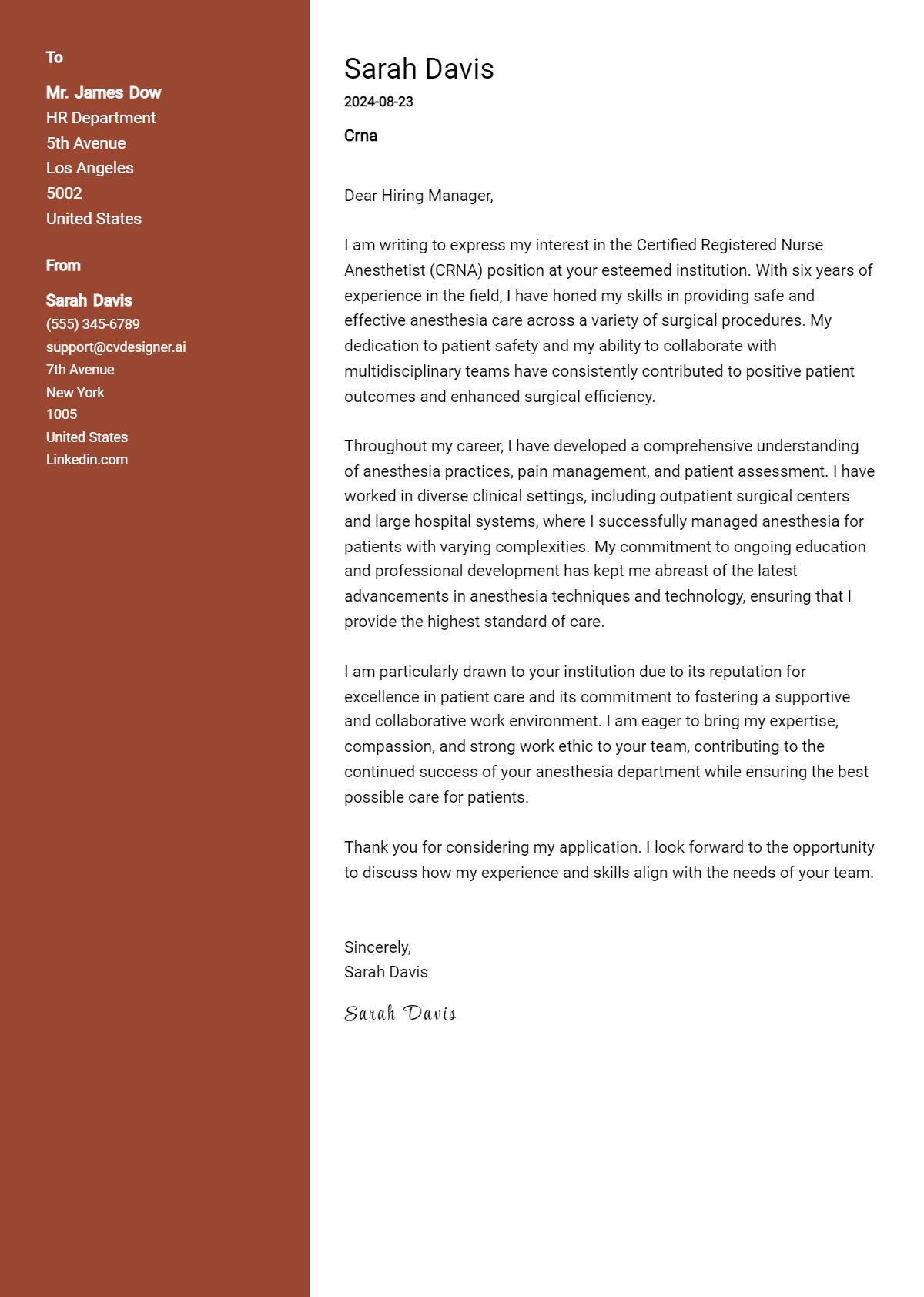 CRNA Cover Letter Example for 2026 (Free Templates) Preview