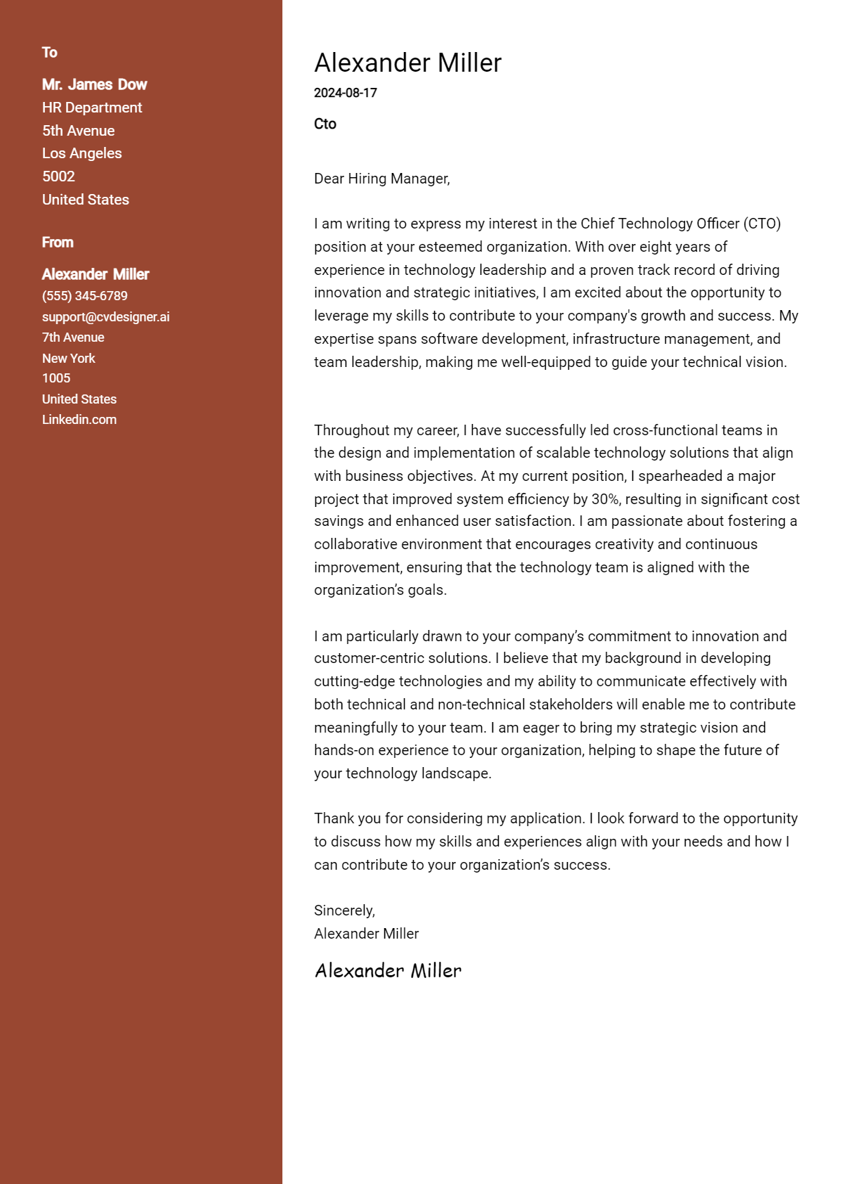 CTO Cover Letter Example for 2026 (Writing Guide) Preview