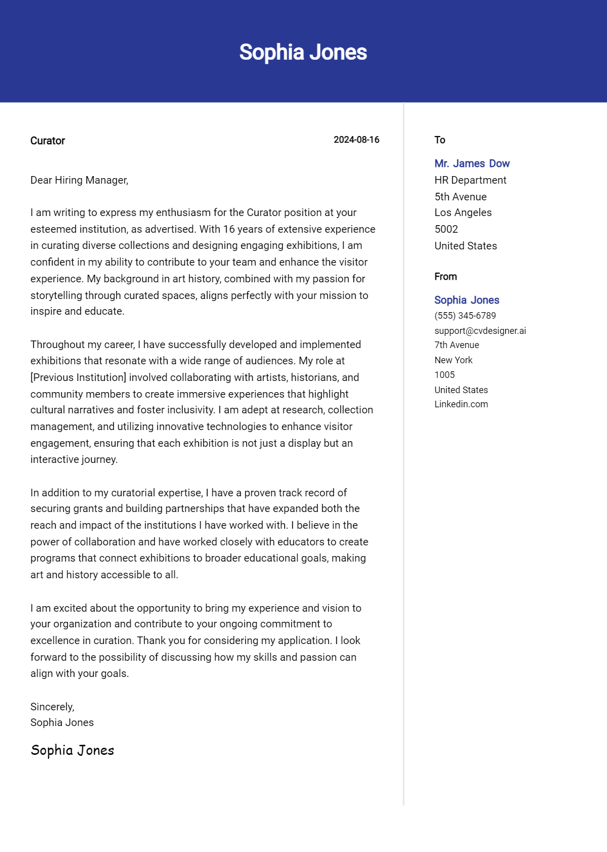 Curator Cover Letter Example for 2026 (Download Templates) Preview