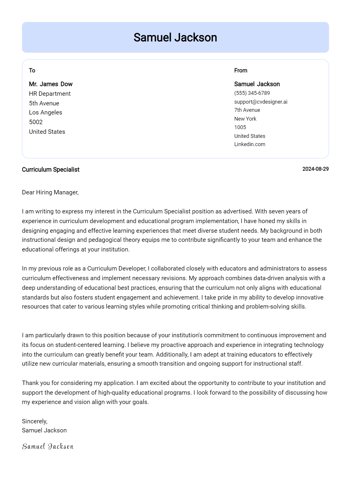 Curriculum Specialist Cover Letter Example for 2026 (Writing Guide) Preview