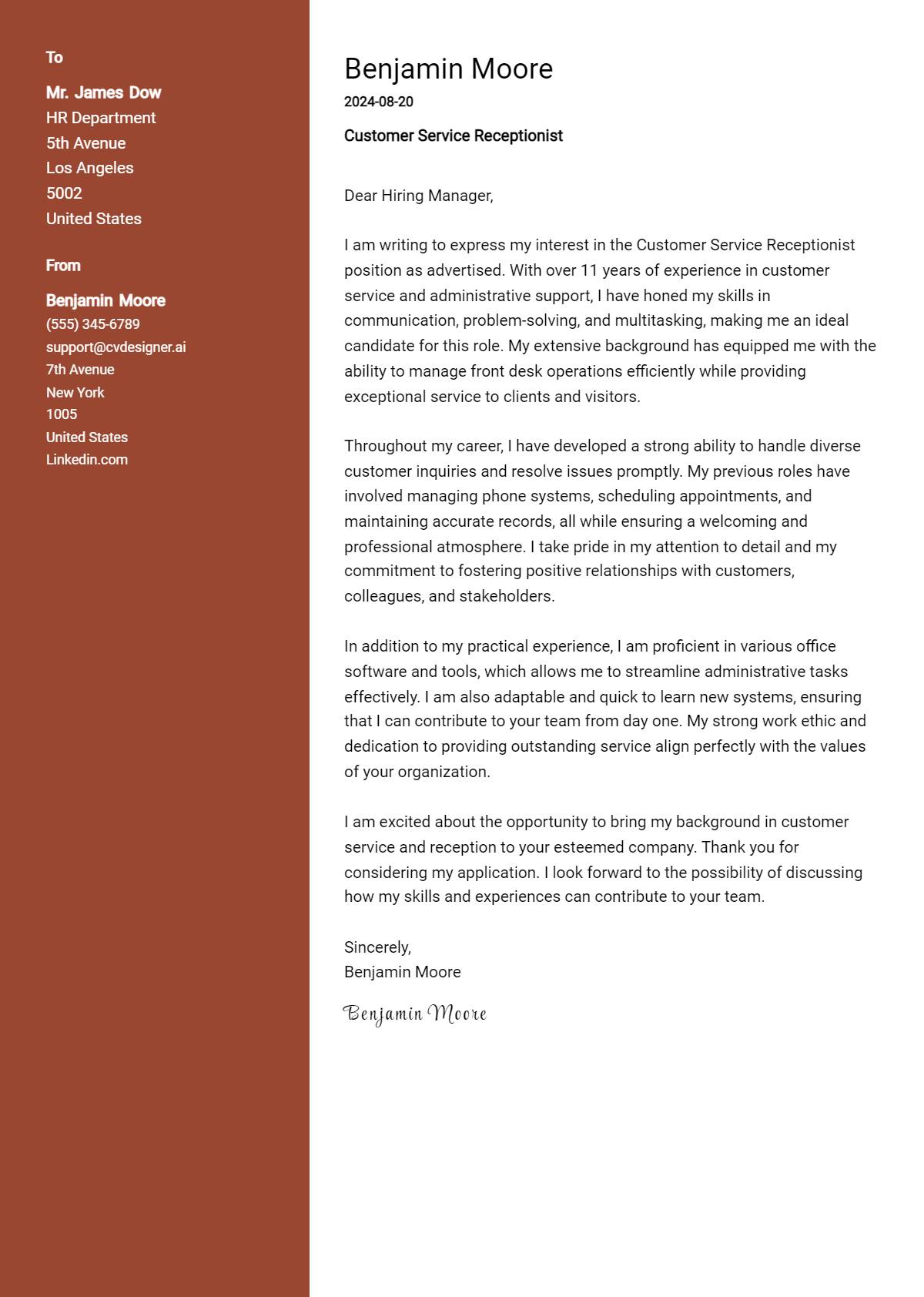 Customer Service Receptionist Cover Letter Example for 2026: Top CV Skills Preview