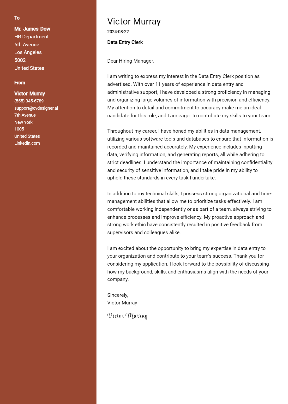 Data Entry Clerk Cover Letter Example for 2026 (Download Templates) Preview