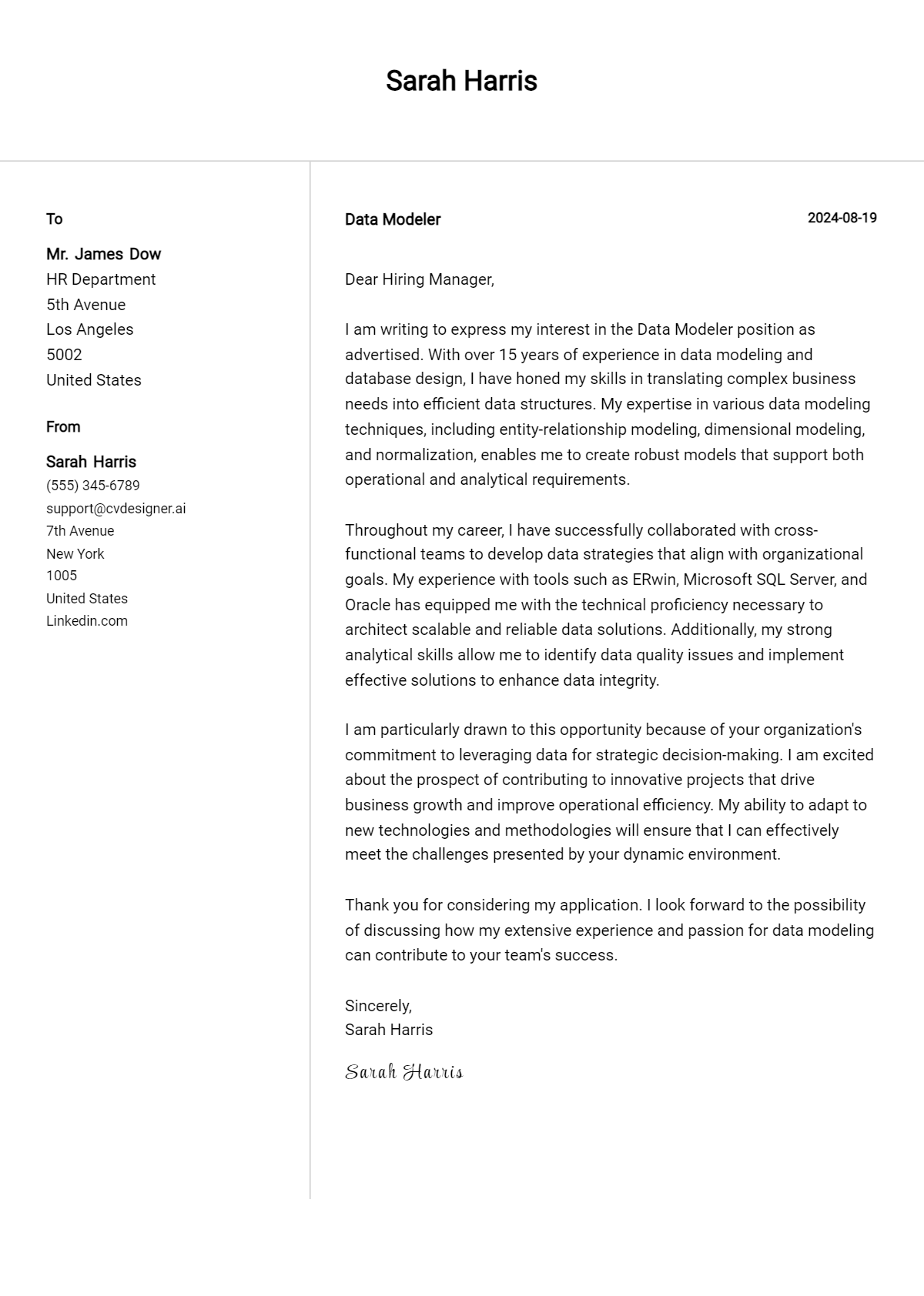 Data Modeler Cover Letter Example for 2026 (Writing Guide) Preview