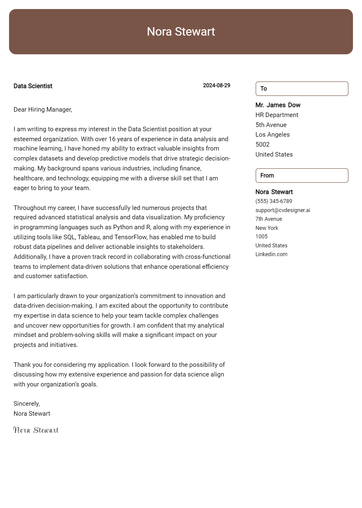 Data Scientist Cover Letter Example for 2026 (Writing Guide) Preview