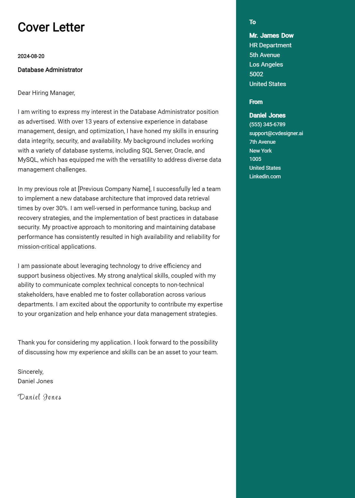 7 Database Administrator Cover Letter Examples and Templates for 2026 Preview