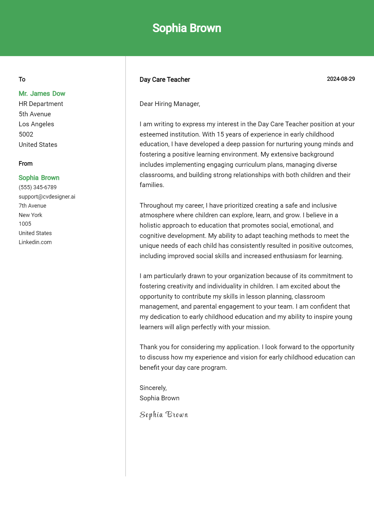 Day Care Teacher Cover Letter Example for 2026: Free Templates Preview