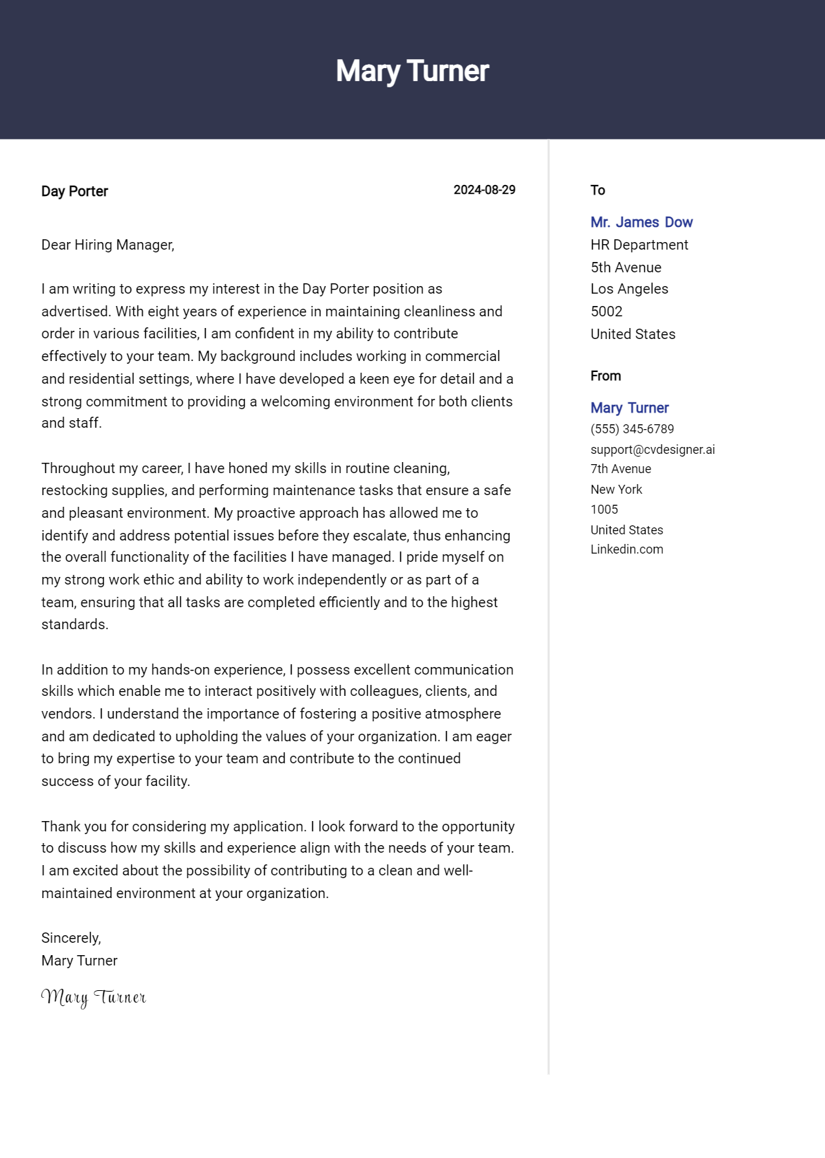 Day Porter Cover Letter Samples & Examples 2026 Preview