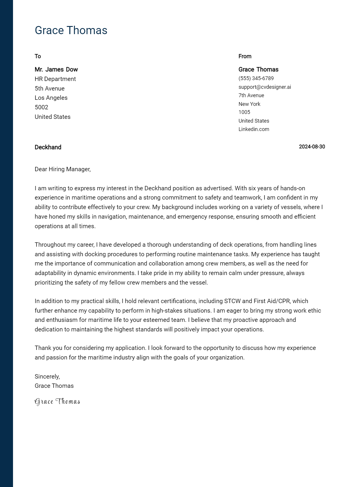Deckhand Cover Letter Example for 2026: Tips & Templates Preview