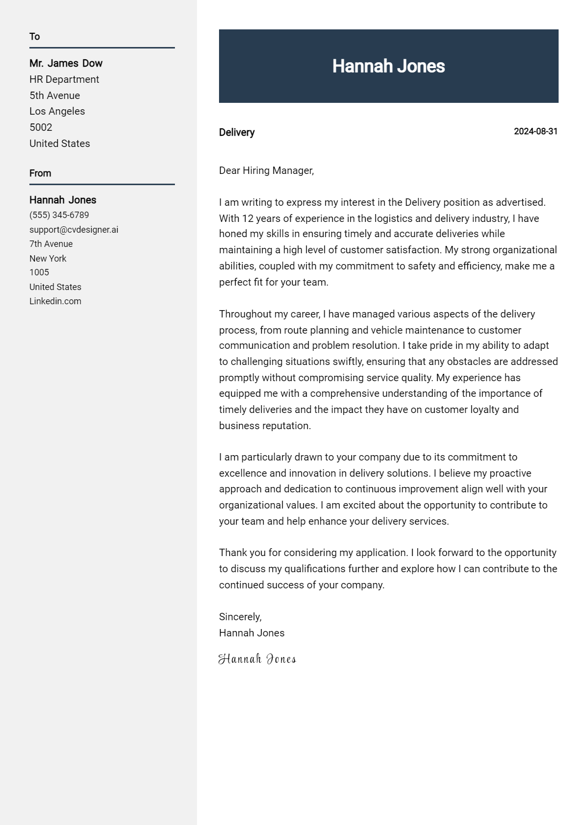 Delivery Cover Letter Example for 2026 (Download Templates) Preview
