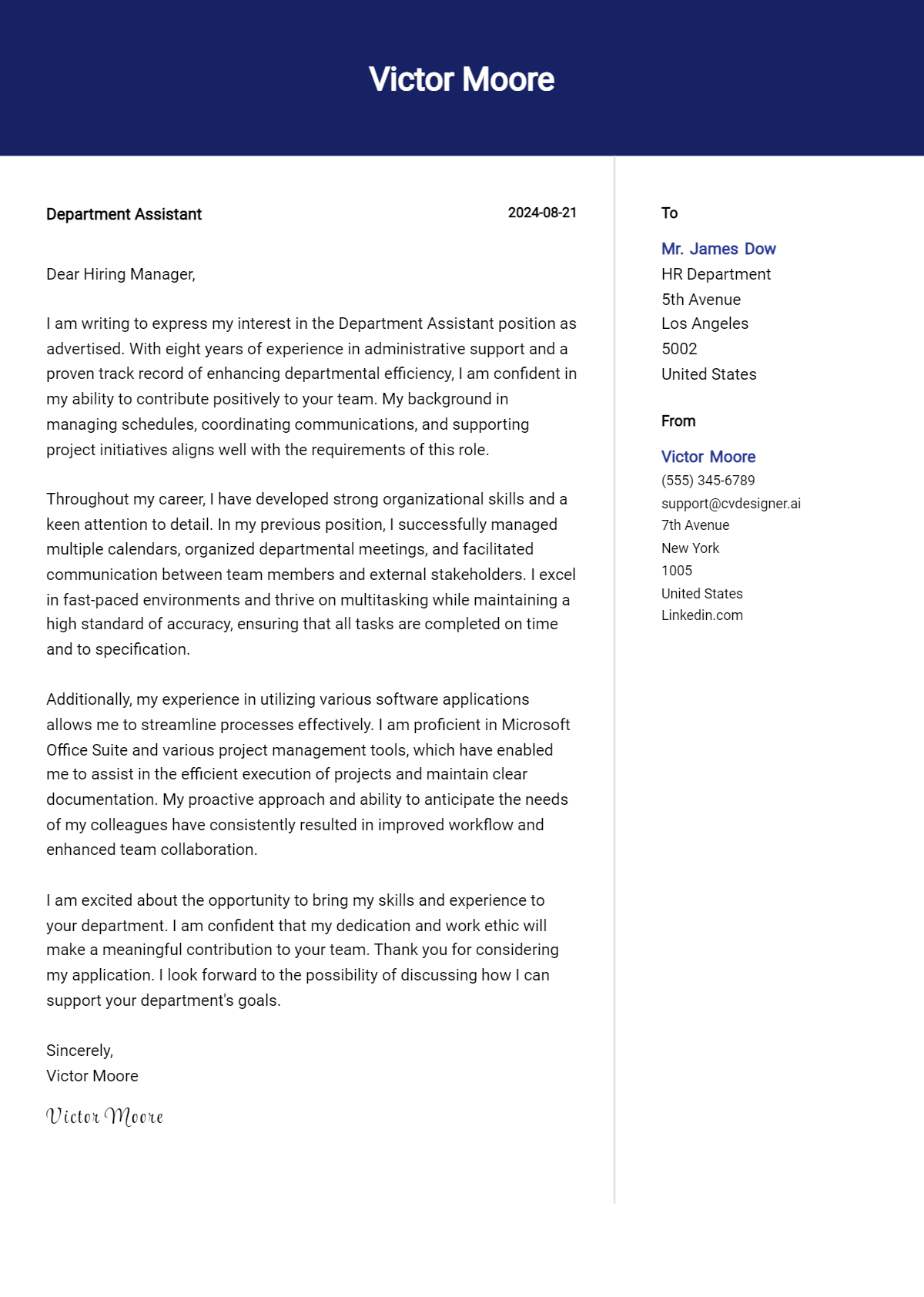 Department Assistant Cover Letter Examples for 2026 (Downloadable) Preview